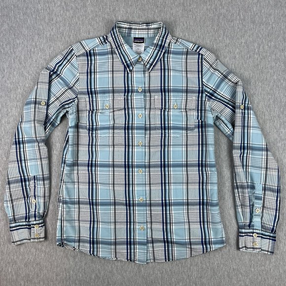 Patagonia Buttton-Up Shirt Womens 6 Plaid Blue Nylon Tencel Roll-Tab Sleeve - Picture 1 of 10